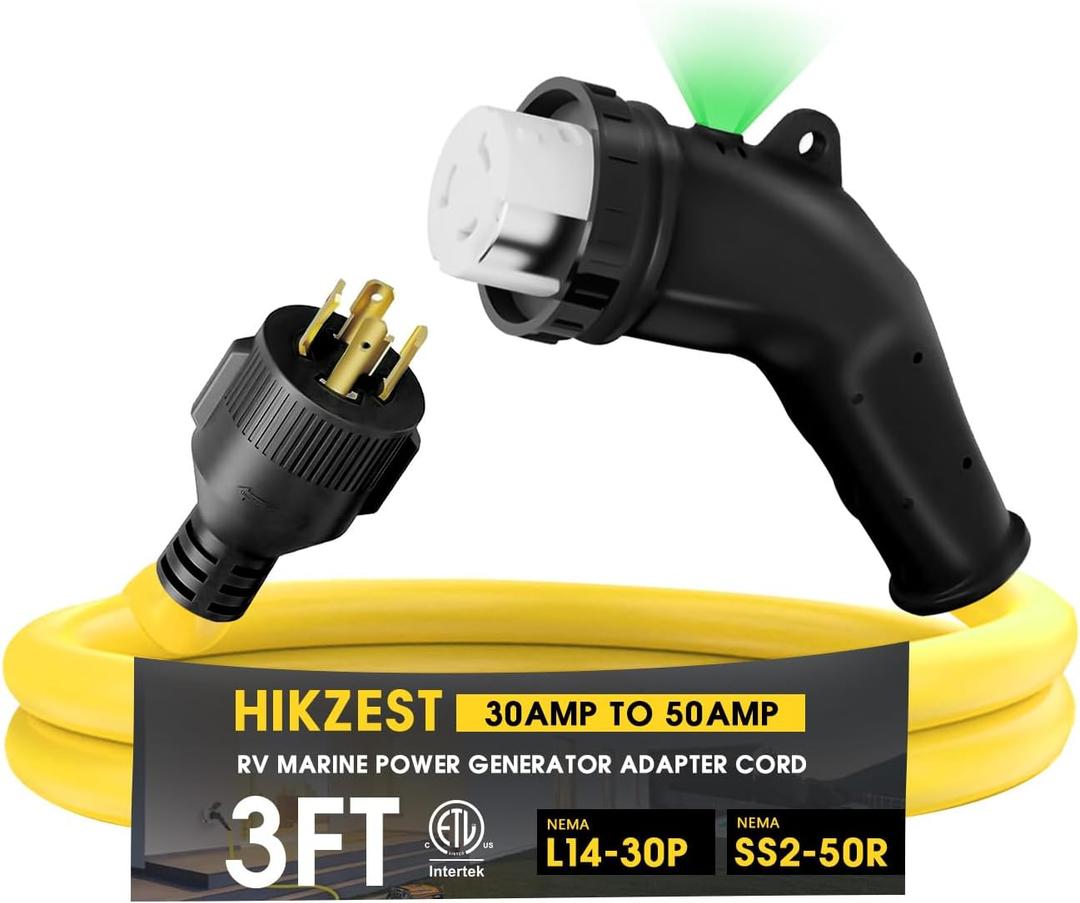 3FT NEMA L14-30P to SS2-50R RV Marine Power Generator Adapter Cord, 30A 4 Prong Locking Generator L14-30P Male to 50A Marine Shore Power SS2-50R Female with 135 Elbow Grip Handle, LED Power Indicator