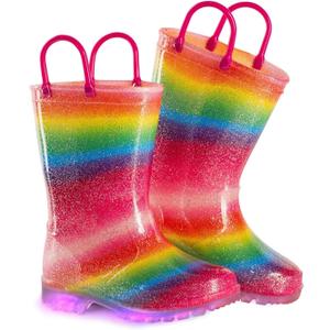 EUXTERPA Girls Glitter Light Up Waterproof Rain Boots Toddler Kids Rainbow Boots with Easy On Handles