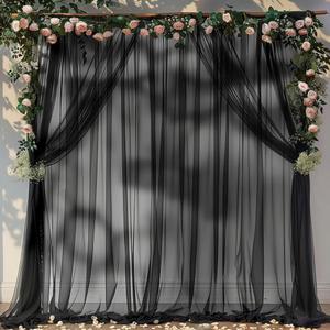 PARTISKY 20ft X 10ft Black Tulle Backdrop Curtain for Parties, Sheer Backdrop Curtains Fabric Drapes for Wedding Ceremony Arch, Party Stage Decorations