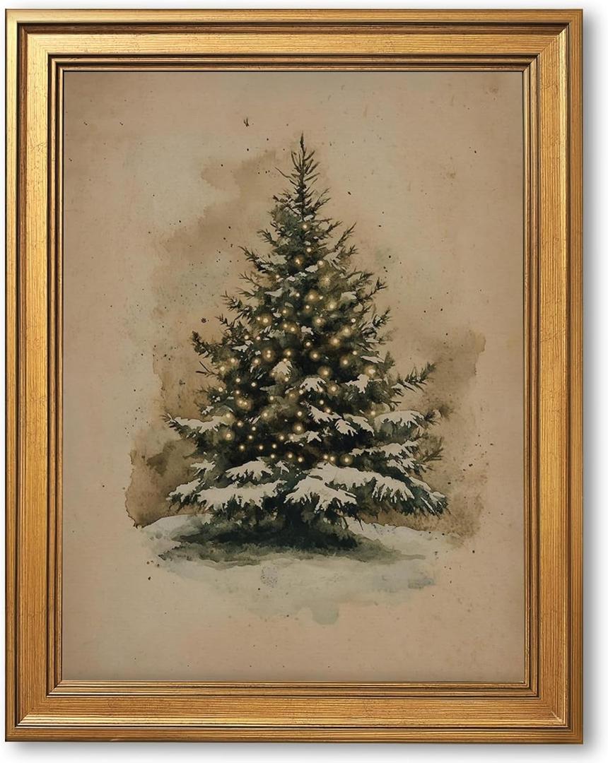 Gold Framed Vintage Christmas Tree Wall Art Decor Classic Holiday Canvas Print Poster Rustic Moody Natural Winter Evergreen Painting Antique Christmas Picture Decorations 12x16inch (Style-4)