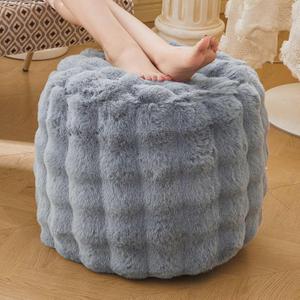LIFEREVO Faux Rabbit Fur Round Inflatable Pouf Ottoman, 20" X 16" Shaggy Waffle Bubble Floor Poufs Foot Rest Living Room Bedroom, Furry Pouf Chair Foot Stool Couch Home Decor, Anti-Slip, Light Grey