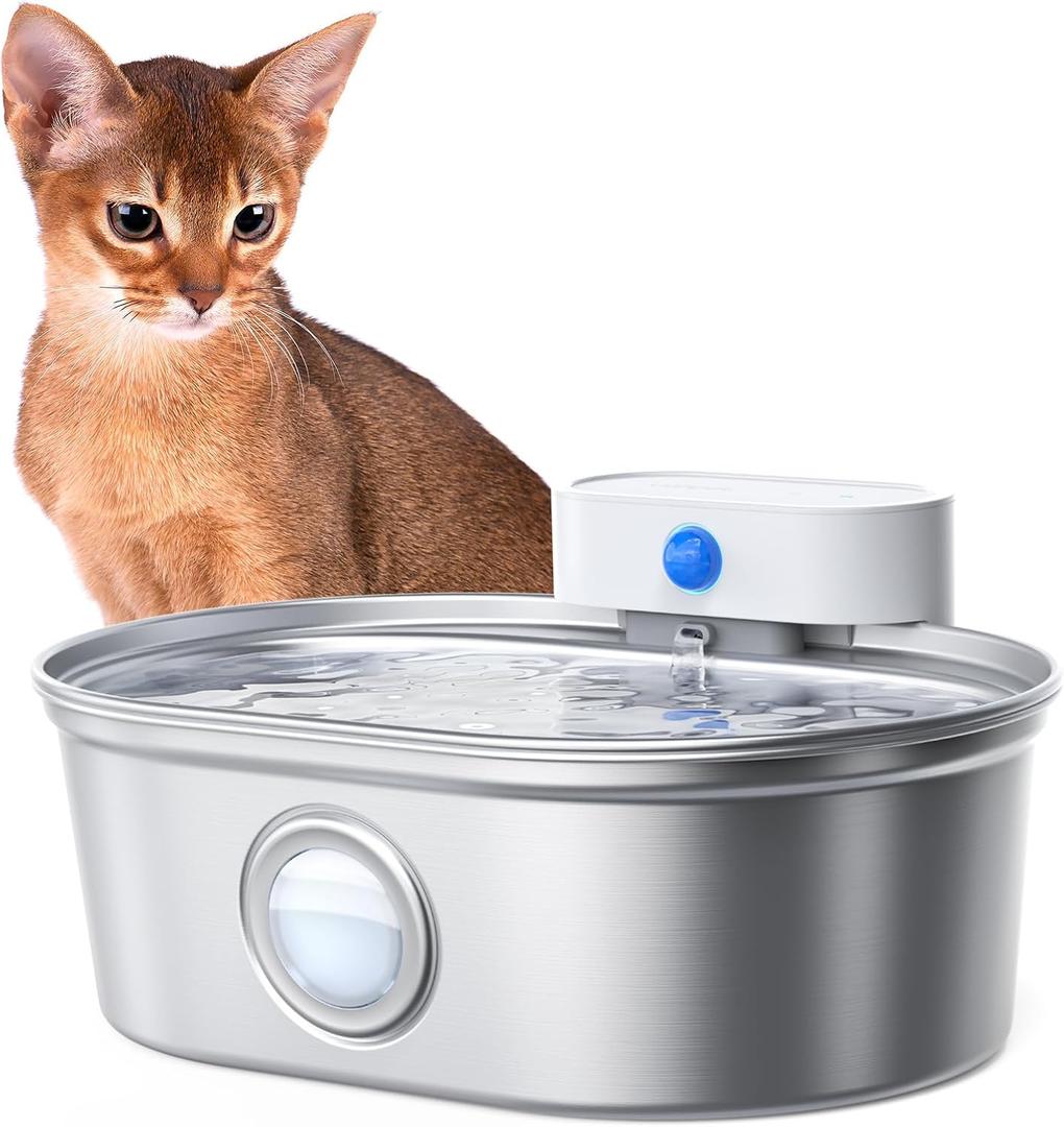uahpet Wireless Cat Water Fountain Stainless Steel Pro, External Pump Battery Operated Pet Waterer, Dog Drinking Dispenser with Water Level Window, 67oz