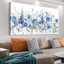 tigeridge Blue Floral Canvas Wall Art - Vibrant Blue White Iris and Daisy Pictures Wall Decor Flower Painting Artwork Elegant Botanical Prints Living Room Bedroom Home Decor Ready to Hang 40 x 20in