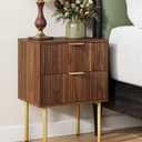 Nightstand,Morden Bedside Table with Gold Frame,Small Night Stand,End Table,Bedside Furniture,Side Table with Drawer and Shelf for Bedroom,Living Room (2Drawers, Walnut Brown)