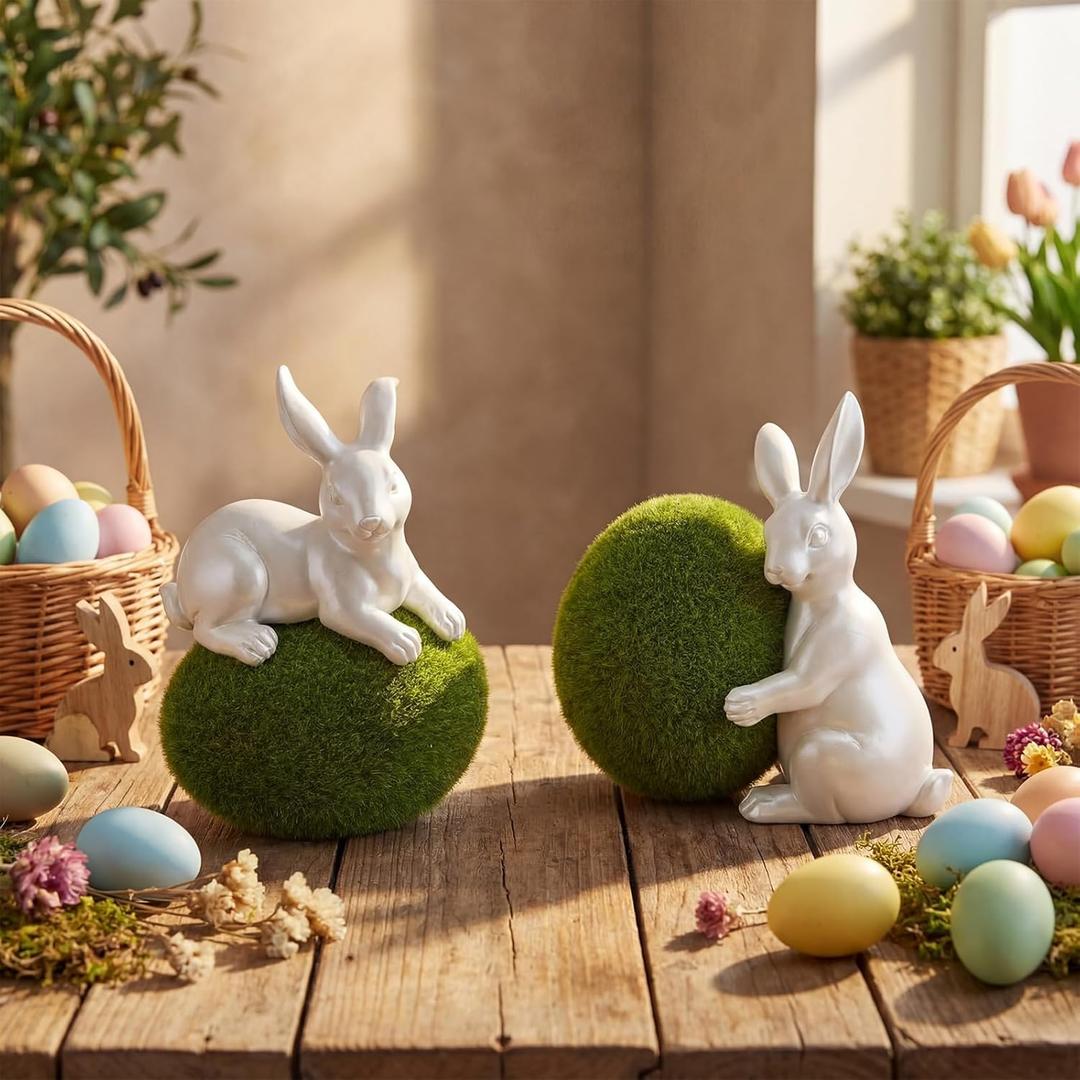 Yookeer 2 Set Easter Bunny Green Mossy Eggs Flocked Table Decor 7 Inch Farmhouse Spring Easter Tabletop Decorations White Gloss Bunny Figurines with Green Moss Eggs for Spring Tabletop Centerpiece