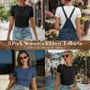 Ficerd 3 Pack Women's Ribbed T-Shirts, Cotton Short Sleeve Basic Tees Crewneck Fitted Tops Casual Shirts 2026 Summer Trendy (Black, White, Haze Blue)