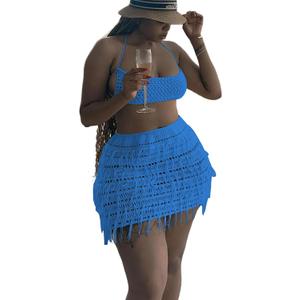 CALEBGAR Women 2 Piece Outfits Sexy Crochet Mini Dress Hollow Tassel Skirts Sets Summer Bandage Tube Tops (Small, Blue)
