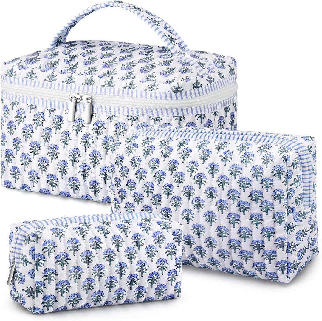 Kacctyen 3 Pcs Block Print Quilted Makeup Bag Set Floral Boho Toiletry Bag Travel Essentials for Women Cute Flower Quilted Cosmetic Organizer Pouch for Bachelorette Party Favors(Blue Flower)