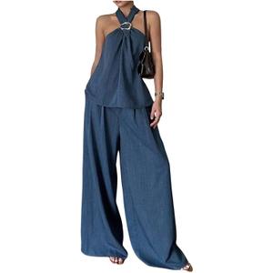 SweatyRocks Women's 2 Piece Outfits Halter Tank Top Blouse and Wide Leg Pants Matching Sets (Large, Blue)
