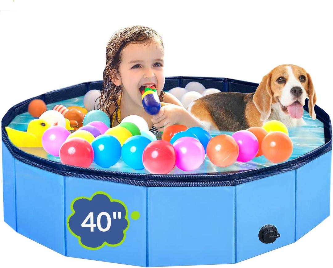 Dog Pool, Foldable Pet Swimming Pool with 6mm High-Strength PP Board, Hard Plastic Collapsible Doggy Pools for Small Dogs Kitty Duck, Non-Slip Doggie Bathtub Quick to Set Up and Drainage Hole, 40" (Skyblue)