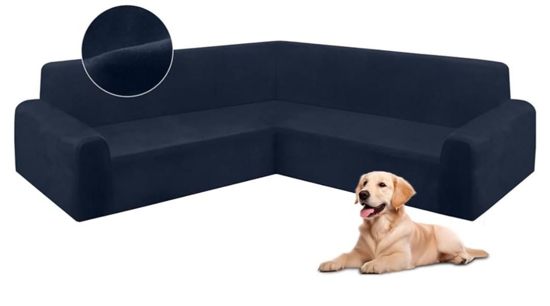 HDCAXKJ Corner Sectional Couch Covers Velvet Stretch L Shape Sofa Cover Soft Thick Sectional Slipcovers Set U Shaped Living Room Non Slip Magic Furniture Protector for Pet Dogs (Navy Blue, Large)