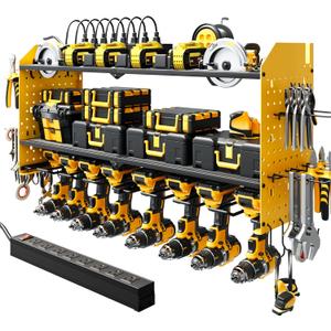 Power Tool Organizer Wall Mount with Charging Station, Large 8 Drill Holder Heavy Duty Metal Tool Holder & Storage Rack for Garage Organization 8 Outlet Power Strip Tool ShelfYellow