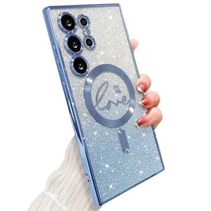 ZONRW for Samsung Galaxy S24 Ultra Case Magnetic,for Women Girl Soft Cute Luxury Love Heart Plating Bling Gradient Glitter Clear Phone Case Compatible with MagSafe Shockproof Back Cover 6.8”-Blue