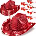 Zhanmai 6 Set LED Cowboy Hat Light Up Glitter Cowboy Hat with Sunglasses Sequin Space Cowgirl Hat for Women Men Costume (Red)