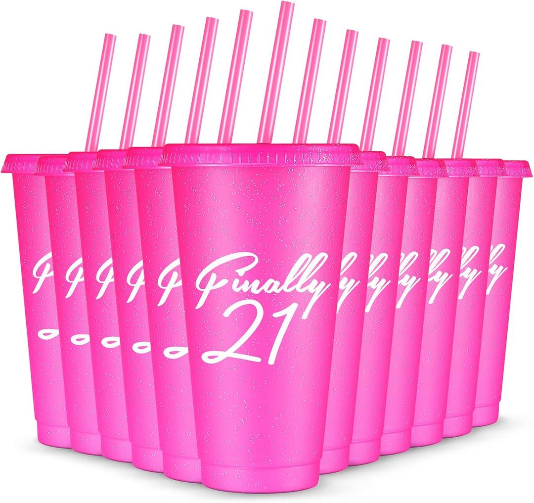 Bokon 12 Pieces Pink Tumbler Bulk 24 oz Birthday Cup with Straw and Lid 21st Birthday Decorations for Her Ice Reusable Coffee Cup Drinking Mug Tumbler for Girl Women Party Favor Supply(Finally 21)