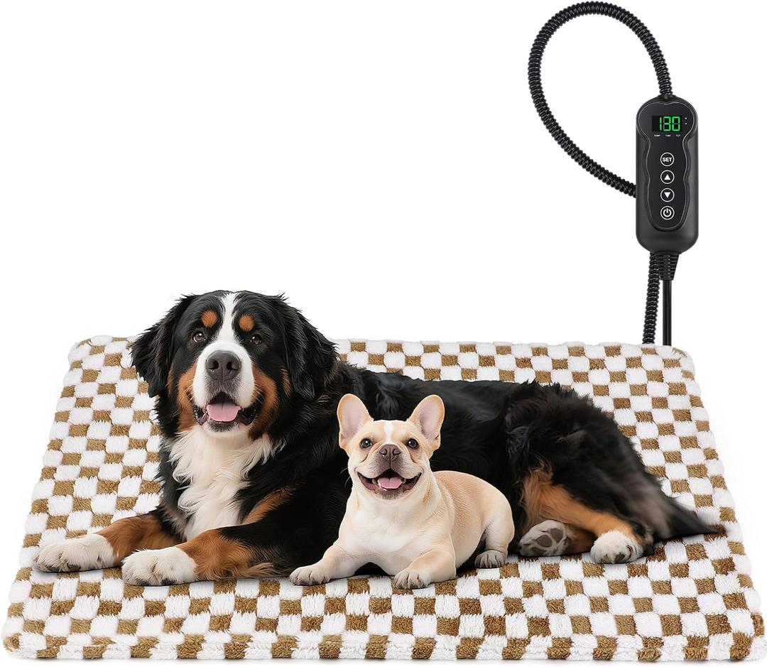 MIXJOY Heated Dog Bed, Waterproof Electric Dog Cat Heating Pad with Timer, Temperature Adjustable Heated Cat Bed for Winter, Auto Power-Off, Anti-bite Heating Pad for Dogs Cats-47''x28'', XLarge (Brown)