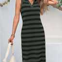 Wenrine Women's Striped Summer Dress Casual Polo V Neck Sleeveless Slit Loose Fit T Shirt Midi Dresses