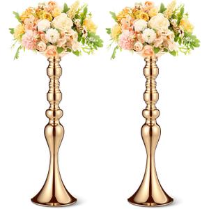 Sadnyy 2 Pcs Metal Flower Arrangements Stand Metal Wedding Centerpiece Stand Gold Vase Centerpiece Tall Table Decor Flower Vase for Wedding Reception Event Party Hotel Home Decor (16.9 Inch)
