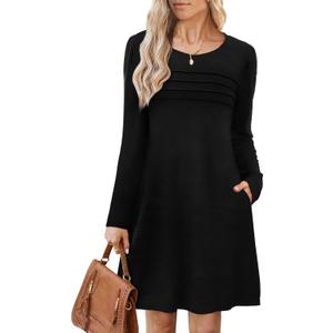 OFEEFAN Womens Long Sleeve Tunic Dress Fall Fashion Sweater Dress with Pockets Pleated Front Casual Winter (Large)
