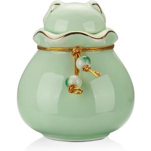 SOITIS Pet Memorial Urn for Cat or Dog Ashes - 3.54"x3.15" Elegant Ceramic Keepsake Holder with Pet-Shaped Lid & Gold Trim, Small Cyan Urn for Pet Ashes