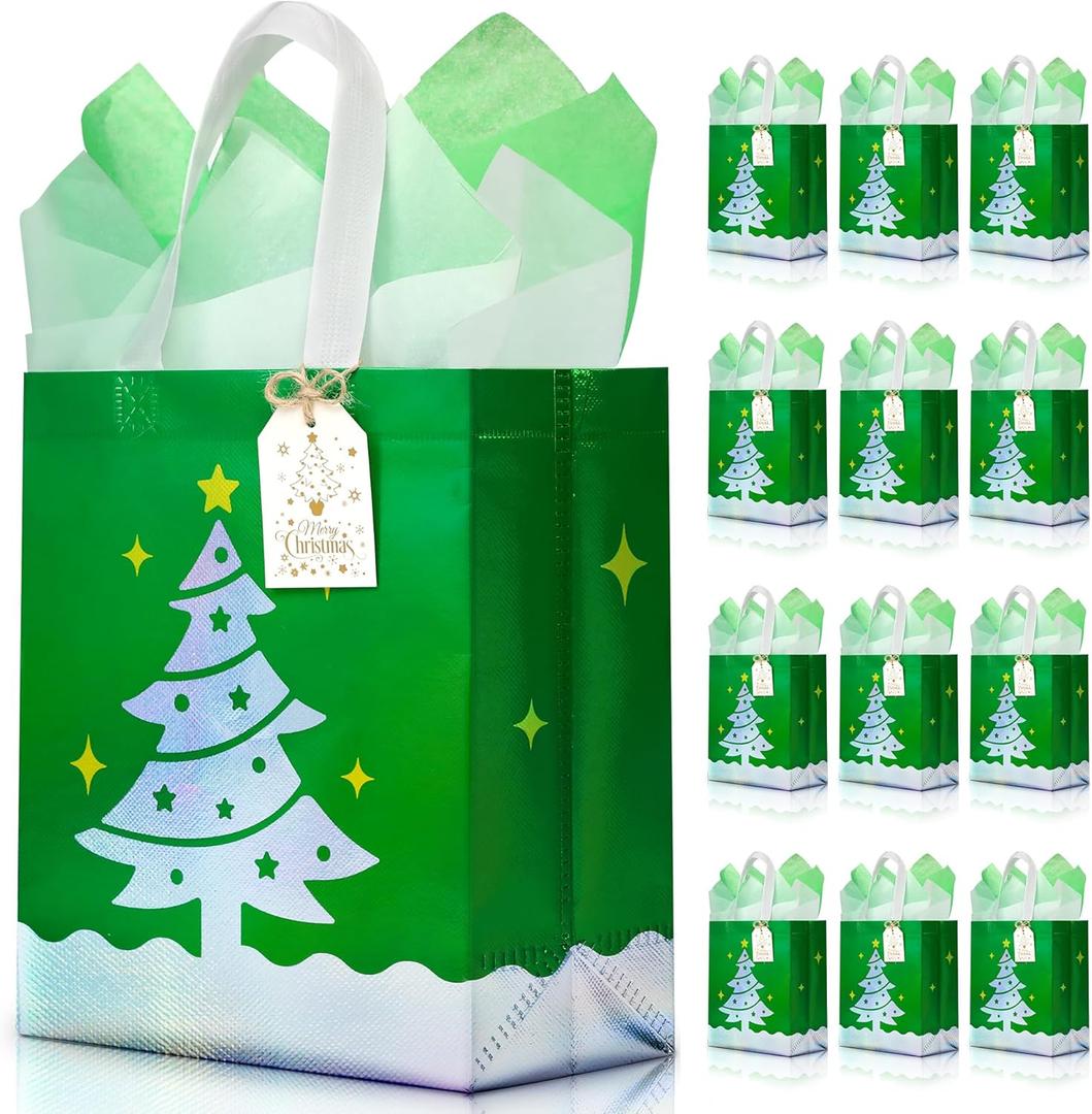 KeerxunBag 12 Pack Christmas Gift Bags 8x4x10 Inches, with 24 Tissue Papers & 12 Cards, Non-Woven Reusable Green Gift Bags for Holiday Party (Christmas tree gift bag -Set of 12 -Medium Size)