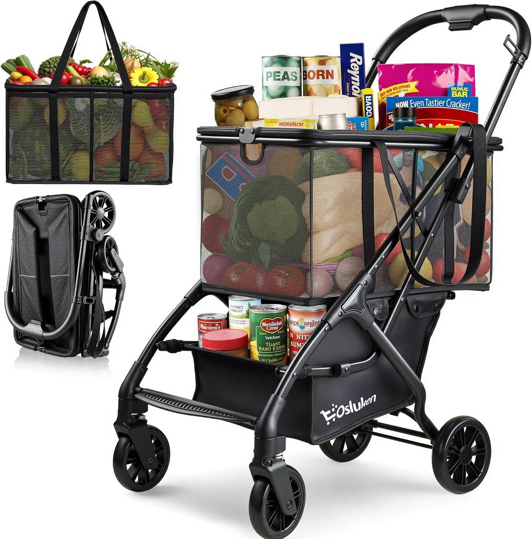 Folding Shopping Cart with Wheels, 75lbs Multi Use Grocery Carts with 360° Wheels & Removable Tote Bag, Multifunctional Portable Personal Shopping Carts for Groceries (30 Gallon)