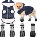 Hooded Puppy Coat and Cat Boots Shoes Socks - Stylish Warm Waterproof Dog Jacket for Small Puppy (Navy Blue, S)