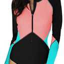 SELINK Women's Long Sleeve Rash Guard UV Protection Zipper Printed Surfing One Piece Swimsuit Bathing Suit, XXL