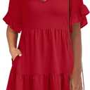 Caracilia Dresses for Women Summer Casual 2026 Ruffle Short Sleeve A Line Tiered Flowy Cute V Neck Mini Beach Dress Pockets, Red, X-Large