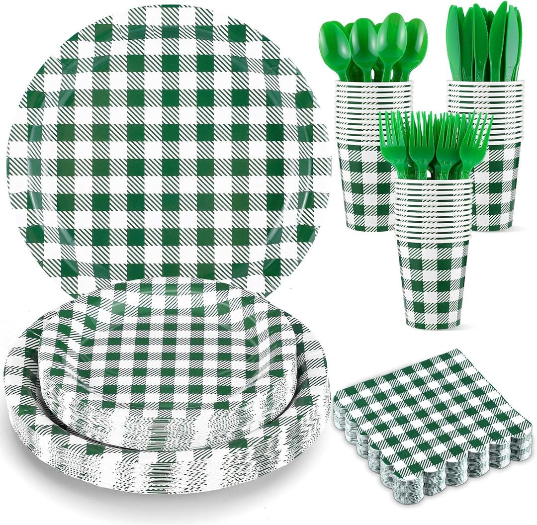 NatNarr 175 Pcs Gingham Party Supplies Include Green Gingham Plates and Napkins Cups Plastic Cutlery Disposable Green Checkered Plates Set for St Patricks Day, Picnic, Baby Shower, Golf Party