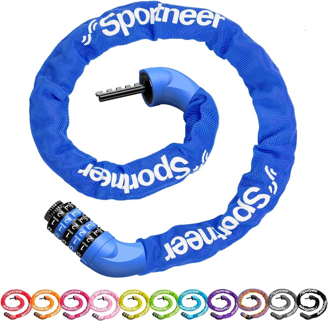 Sportneer Bike Lock: 5 Digit Combination High Security Anti Theft Bike Chain Lock - 3.2/3.6/4ft Heavy Duty Keyless Bicycle Lock for Bike, Motorcycle, Scooter, Door & Gate - 4/6mm Thick, Easy to Use (Blue)