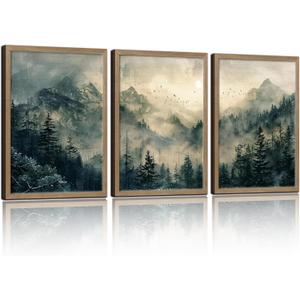 3Pcs Framed Wall Art Mountain And Forest Landscape Canvas Painting Natural Scenery Oil Painting Wall Decoration Gallery Framed Artwork Suitable For Living Room Bedroom Study Farmhouse 16x24 Ready To Hang, 16x24in