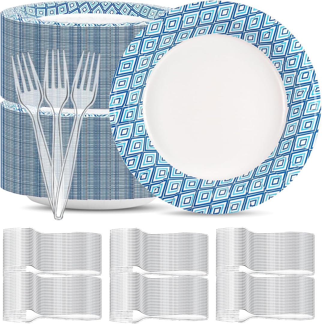 Charmount 300 Pcs Dessert Paper Plates Sets - Disposable Dinnerware Sets for 150 Guests, 150 Plates, 150 Clear Plastic Forks, Tableware for Party, Daily Use, Camping