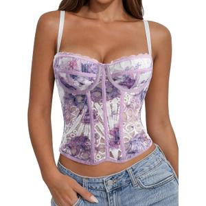 WERFORU Corset Tops For Women Sexy Going Out Bustier Top Lace Mesh Crop Top For Date Night Cute Party Strap Tank, Purple, S