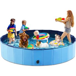 Jasonwell Foldable Dog Pool Collapsible Hard Plastic Dog Swimming Pool Portable Kiddie Pool Pet Pool Doggie Wading Pool Bath Tub for Puppy Small Medium Large Dogs Cats and Kids 97" (Plastic Board Blue)