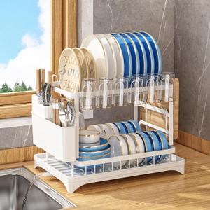 Dish Drying Rack for Kitchen Counter, 2-Tier Stainless Steel Dish Drainer with Drainboard & Utensil Holder, Large Capacity Metal Kitchen Dishes Drying Rack Plate Organizer for Bowls/ Cups/ Bottles