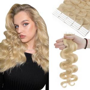 Hairro 16 Inch Tape in Hair Extensions Body Wave Long Human Hair 100g 40pcs/pack Thin Long Hair Seamless Skin Weft Glue in Wavy Human Hairpieces #613 Bleach Blonde