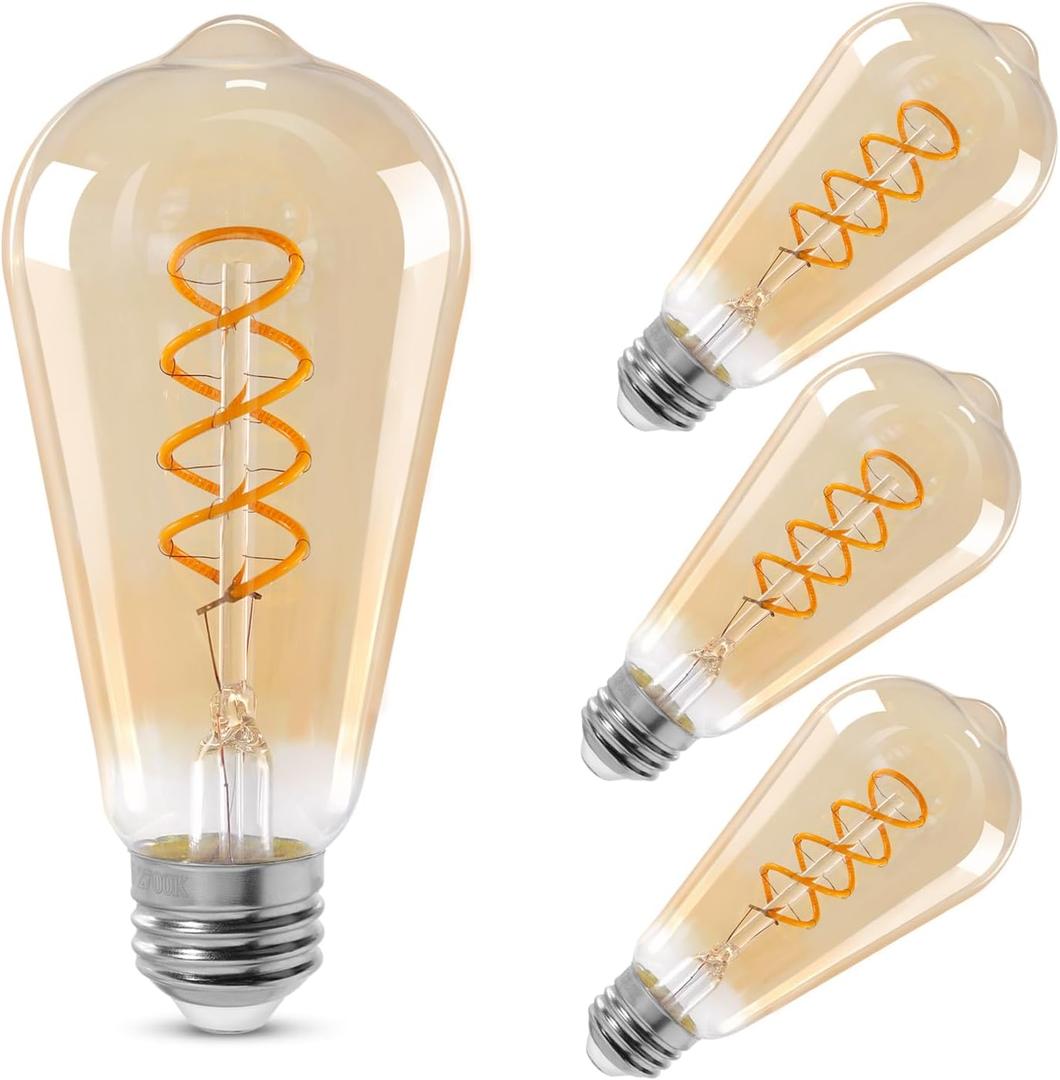 ST64 LED E26 Vintage Edison Light Bulbs, Light Amber Glass, Dimmable, 4W(40W Equivalent) 300 Lumin, 2500K Warm White, Spiral Filaments Design, Antique Style, 25000 Hrs, 4-Pack