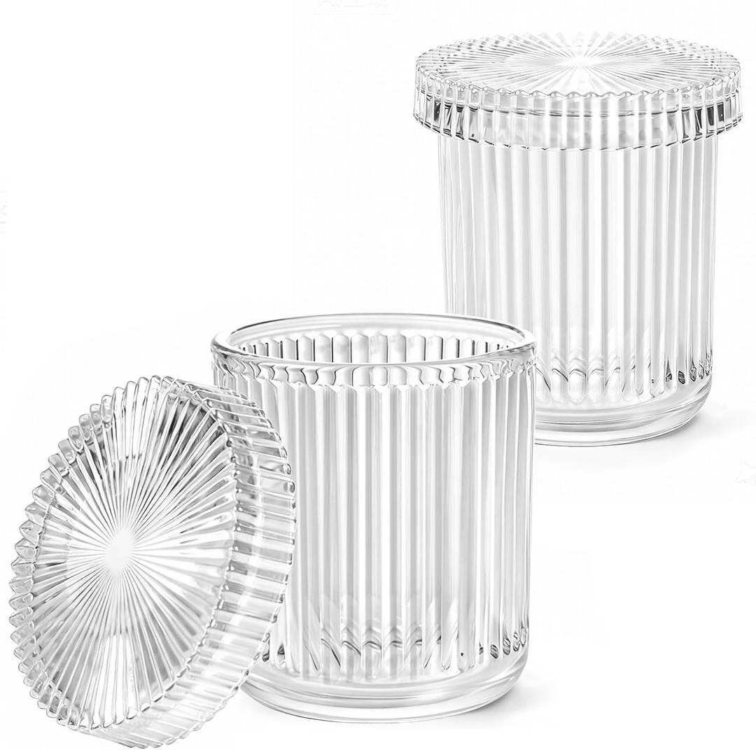 SheeChung Glass Qtip Holder Dispenser Set, 2-Pack Glass Apothecary Jars - Vintage Bathroom Vanity Organizer for Cotton Swabs, Balls, Pads, Floss Picks - Bathroom Accessories Decor (Clear)