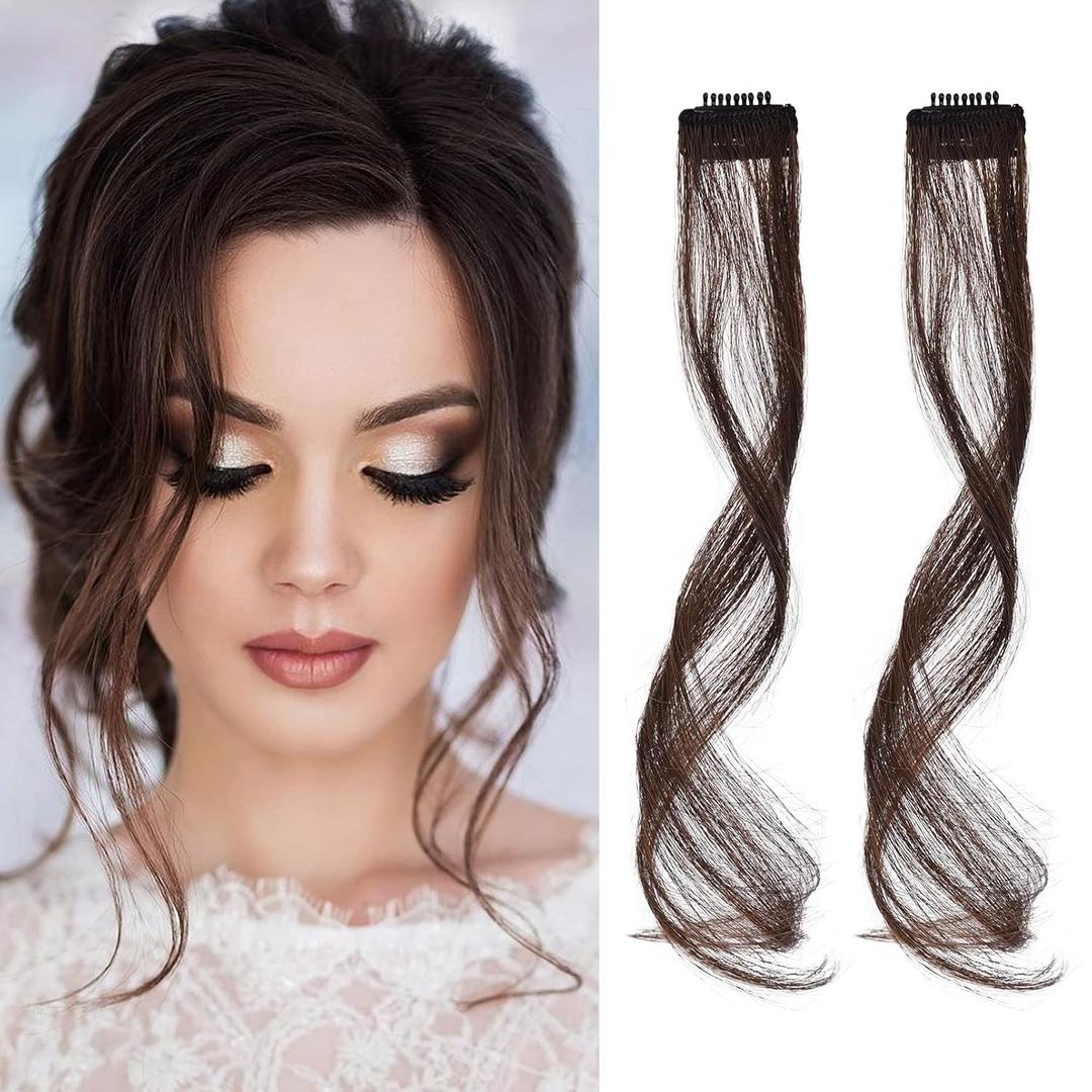 Flufymooz Clip-In Front Fringe Bangs Set, 2PCS Long Dragon Beard Style Synthetic Hair with Temples, 12 inch (Dark Brown)