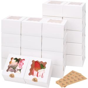 Moretoes 24pcs White Cookie Boxes with Window, 4x4x2.5 Inches Small Bakery Boxes with Stickers for Small Cookies, Treats, Desserts, Chocolate Covered Strawberries, Mini Cake