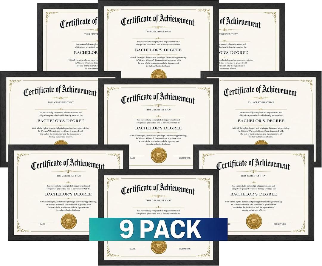 8.5x11 Picture Frames, 9-Pack Solid Wood, Black | Solid wood core with PVC scratch-resistant coating. Fits 8.5x11 diplomas, certificates, photos. Wall & tabletop display.