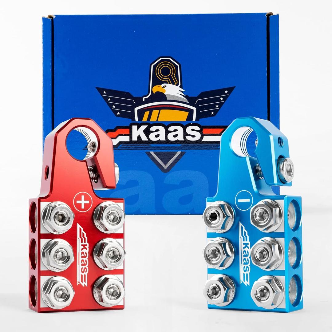 Kaas Battery Terminal Connectors, Colored Anode Top Post Battery Terminal, Positive (Red) Negative (Blue) Set (+/ -), for SAE/ DIN/ EN Tapered Top Post, 12-Way Terminal Clamps in 8AWG to 4/ 0 (XL) AWG