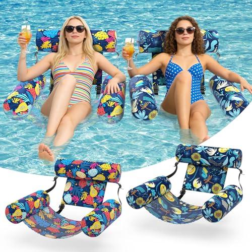 Sunikko X Pool Floats Adult 2 Packs Fabric Heavy Duty Inflatable Pool Chair Hammock, Blow Up Floaties for Adults, Hawaii Flower Floats for Pool Floating, Party Summer Toys Water Beach Lake Fun