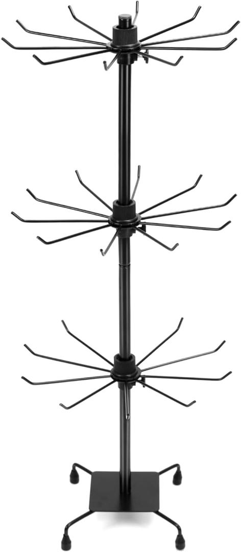 QWORK 3-Tier Rotating Metal Jewelry Display Stand  Adjustable Tabletop Holder for Necklaces, Earrings & Key Rings (1 Pack, Black)