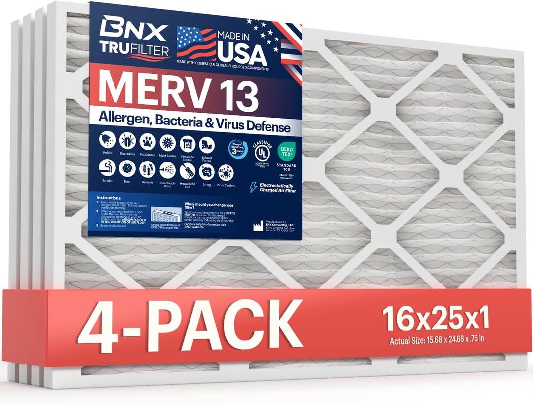 BNX TruFilter 16x25x1 Air Filter MERV 13 (4-Pack) - MADE IN USA - Electrostatic Pleated Air Conditioner HVAC AC Furnace Filters for Allergies, Pollen, Mold, Bacteria, Smoke, Allergen, MPR 1900 FPR 10