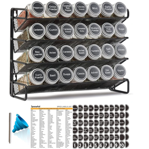 SpaceAid Spice Rack Organizer with 28 Spice Jars, 386 Spice Labels, Chalk Marker and Funnel Set for Cabinet, Countertop, Pantry, Cupboard or Door & Wall Mount - 28 Jars, 13.4" W × 10.8" H, Black
