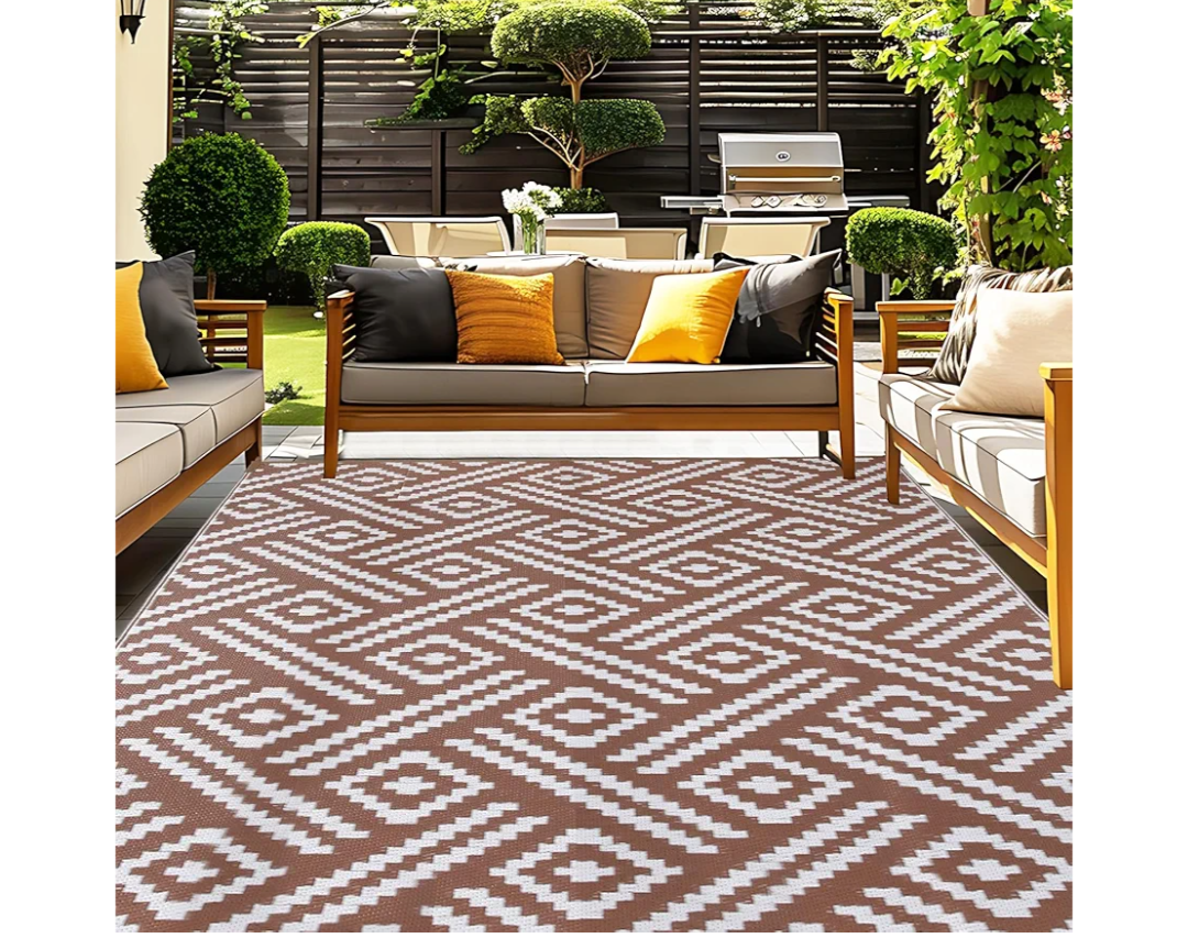 OPPODREAM Outdoor Rug 8x10 Patio Waterproof, Large Outdoor Plastic Straw Rug, Reversible Out Door Carpet for Camping, Deck, Rv, 8 x 10 Area Carpet for Balcony, Porch, Backyard, White and Brown