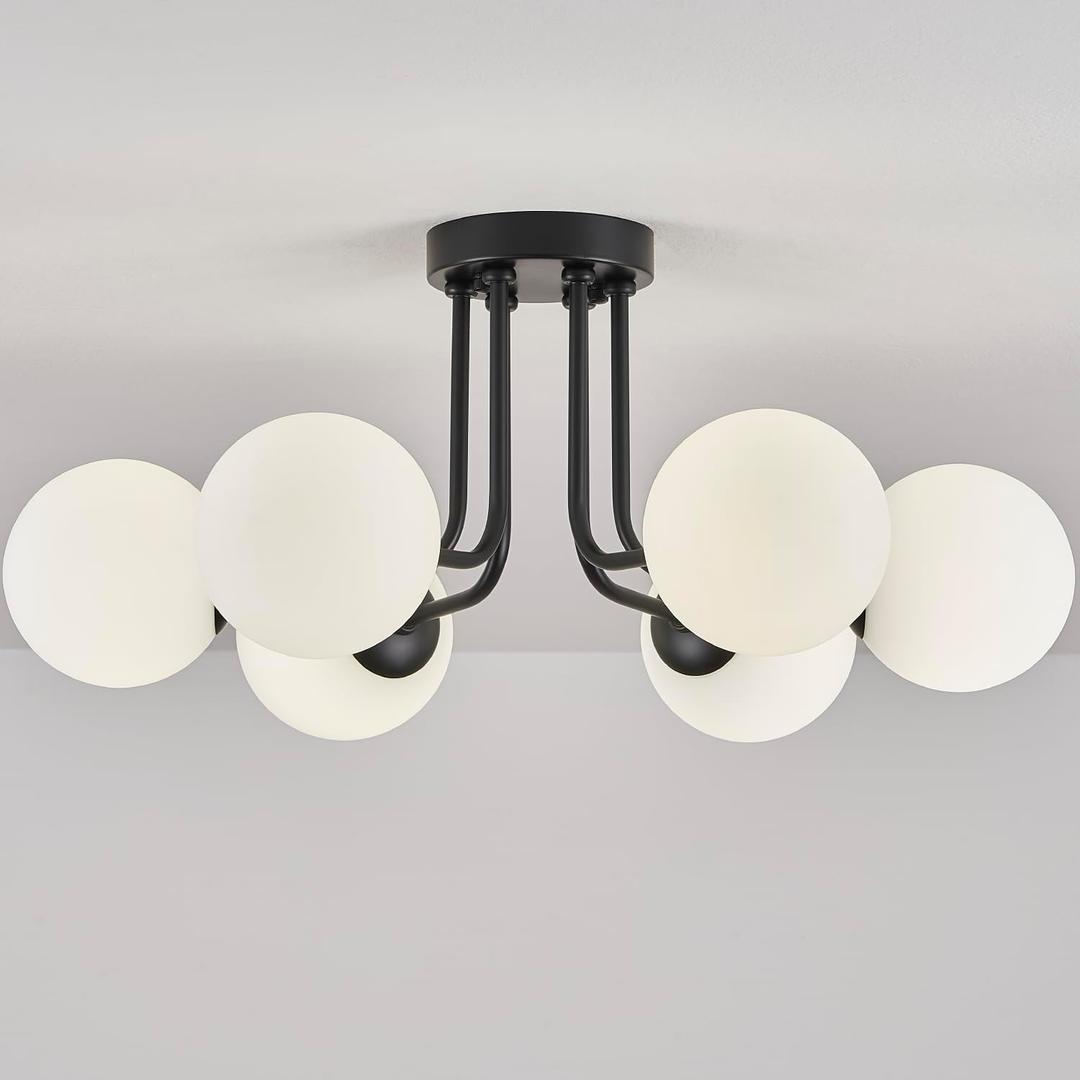 Modern Semi Flush Mount Ceiling Light,Black White Glass Shade Semi Ceiling Light 6-Light,Sputnik Chandeliers for Bedroom Living Room Hallway Dining Room Lighting Fixture