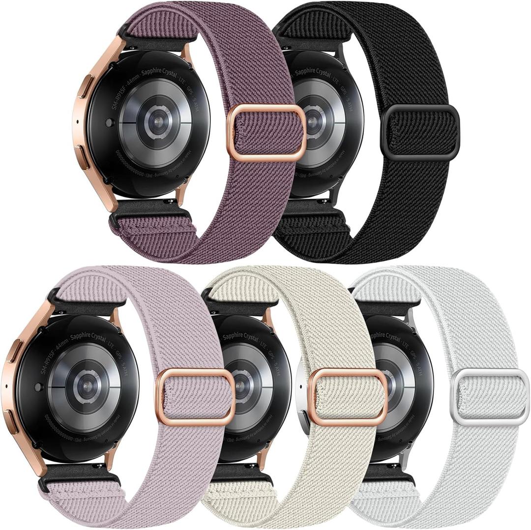 Lerobo 5 Pack Stretchy Bands Compatible with Samsung Galaxy Watch 7 6 5 4 FE Band 40mm 44mm 45mm/Watch 6 4 Classic 4 42mm 46mm 43mm 47mm/Active 2,20mm Soft Nylon Solo Loop Band Elastic Strap (Purple/Black/Lavender/Apricot/ White)